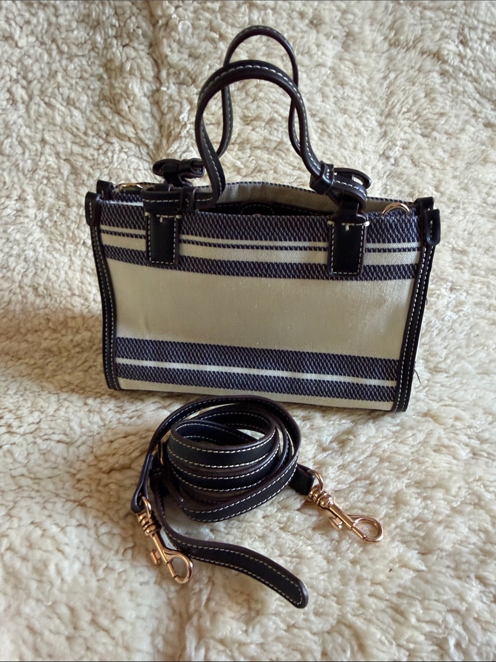 Tory Burch Navy and Cream Canvas Mini Tote with Leather Trim - Picture 3 of 11